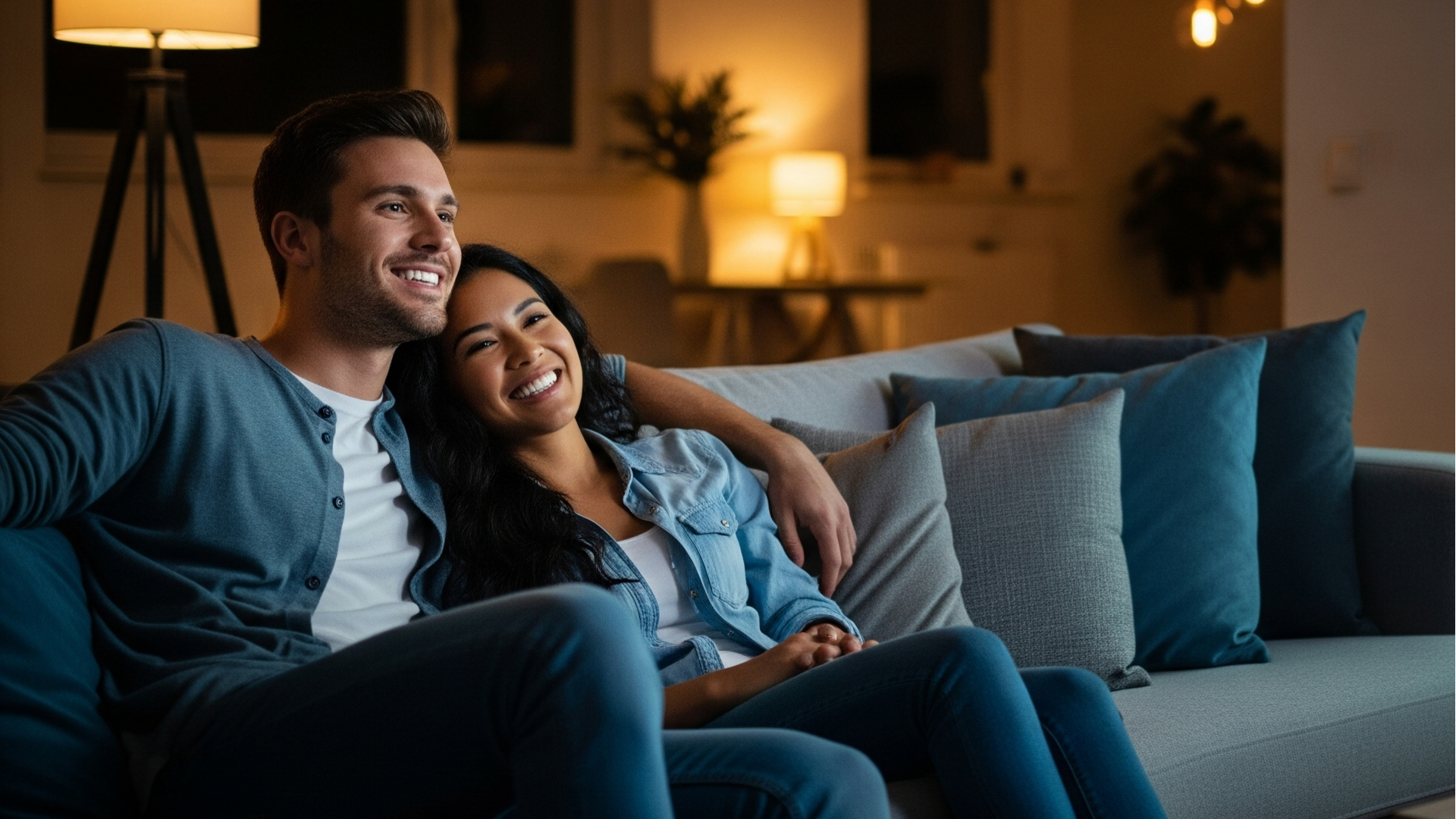 Couple enjoying their personal media library together